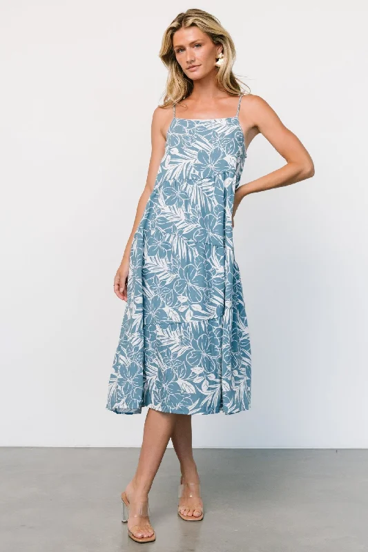 Sonora Midi Dress | Dusty Blue Print Stylish Off-Shoulder Ruffle Dress