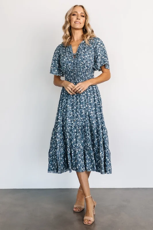 Spell Boho Midi Dress | Blue Floral Fashionable One-Shoulder Midi Dress