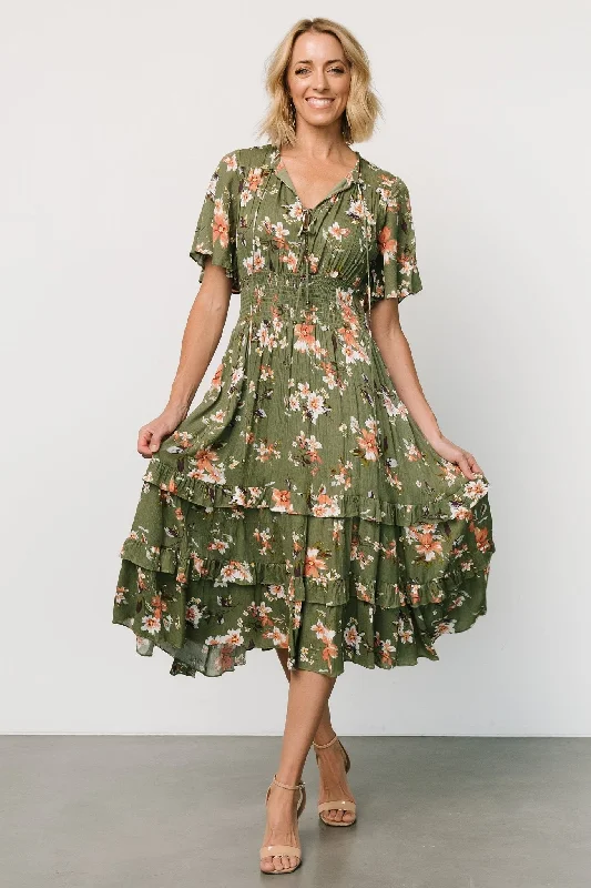 Spell Boho Midi Dress | Olive Floral Trendy Ruffled Sleeve Midi Dress