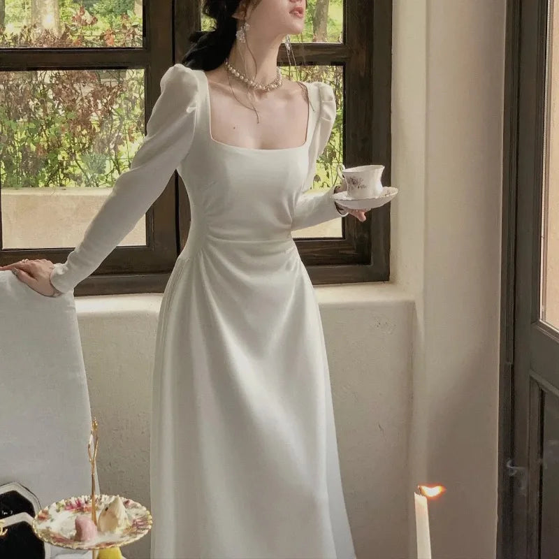 DressBetty - 2024 Spring Elegant Square Collar Black White Midi Dress Comfortable Geometric Print Midi Dress
