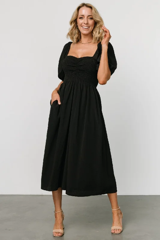 Stefania Midi Dress | Black Trendy Off-Shoulder Ruffle Midi Dress
