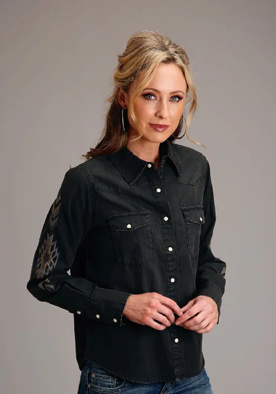 Stetson Womens Boyfriend Fit Denim Black 100% Cotton L/S Shirt Classic V-Neck Short Shirt