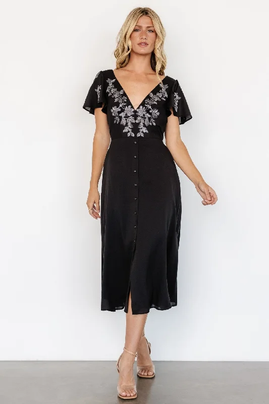 Swan Bead Embroidered Midi Dress | Black Fashionable Shift Midi Dress