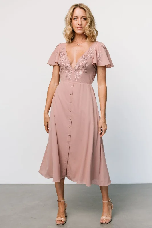 Swan Bead Embroidered Midi Dress | Dusty Rose Fashionable Sheer Sleeve Midi Dress