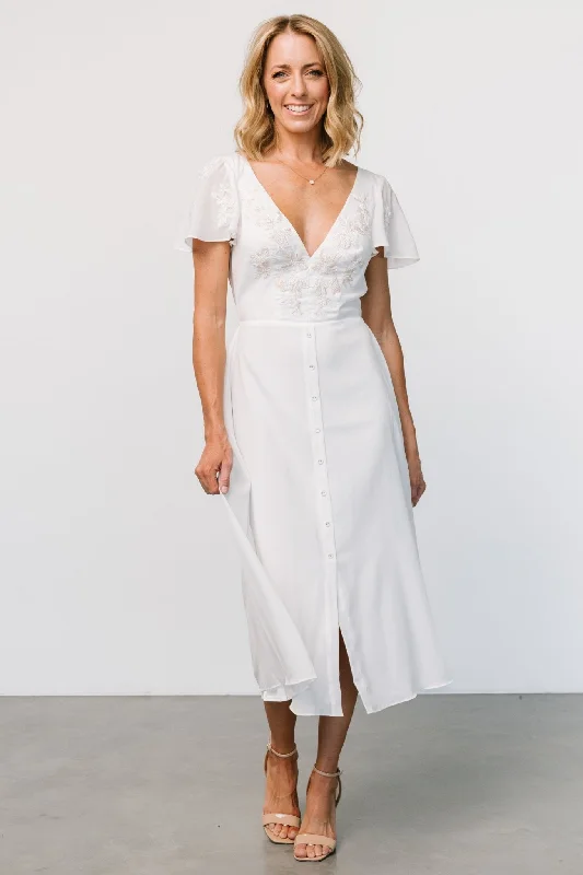 Swan Bead Embroidered Midi Dress | Off White Comfortable Button Front Midi Dress