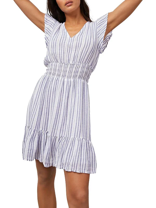 Tara Womens Linen Striped Mini Dress Elegant Lace-Up Mini Dress