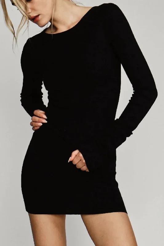 Textured Knit Long Sleeve Mini Dress In Black Comfortable Fit-and-Flare Mini Dress