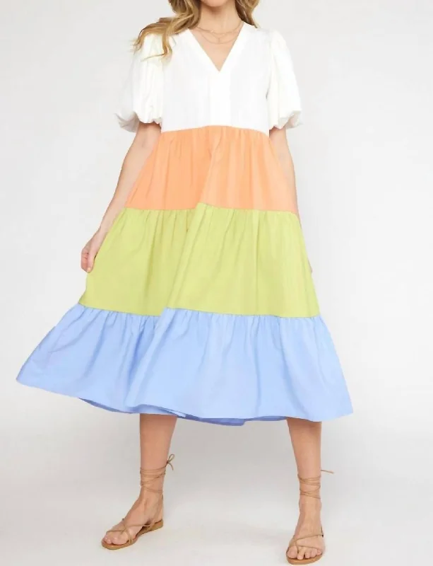 The Encanto Tiered Color Block Midi Dress In Off White Combo Cozy Wide Strap Midi Dress