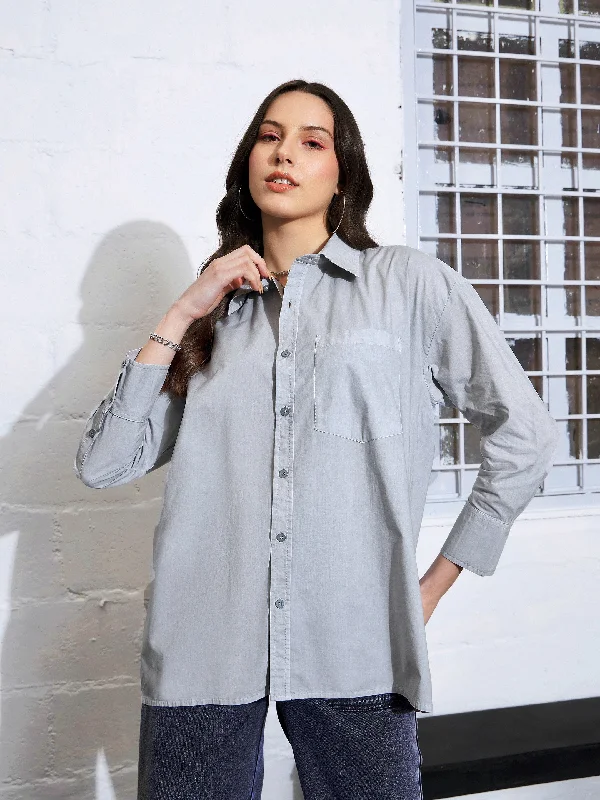 Women Grey Poplin Shirt Stylish Casual Short Tee