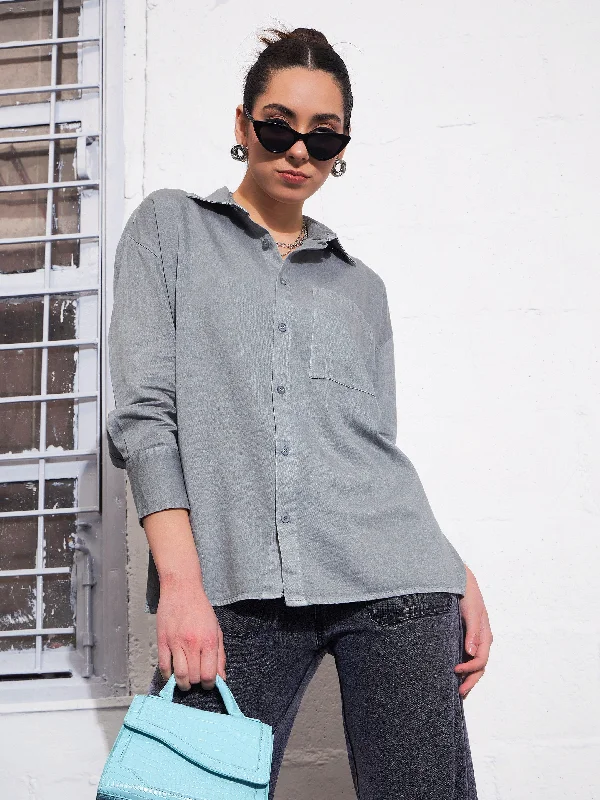 Women Light Blue Cotton Twill Oversized Shirt Soft Flowing Short Shirt