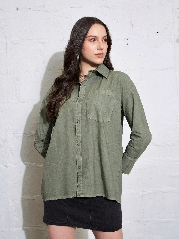 Women Olive Poplin Shirt Comfortable Graphic Short Sleeve