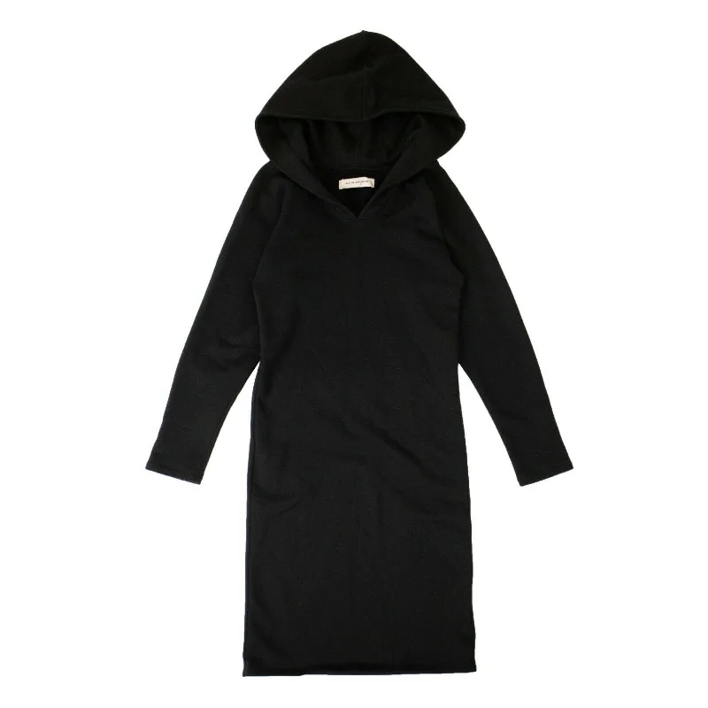 Women's Black Cotton Long Sleeve Hooded Midi Dress Fashionable High-Neck Midi Dress