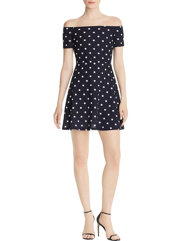 Womens Polka Dot Square Neck Mini Dress Chic Puff Sleeve Mini Dress