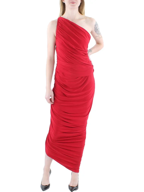 Womens Ruched One Shoulder Midi Dress Fashionable High-Neck Midi Dress