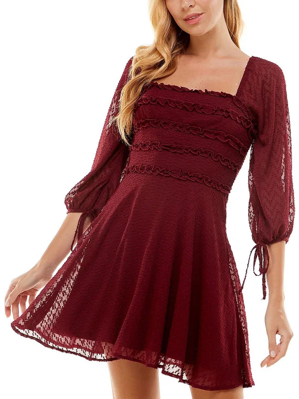 Womens Textured Square-neck Mini Dress Stylish Puff Sleeve Mini Dress