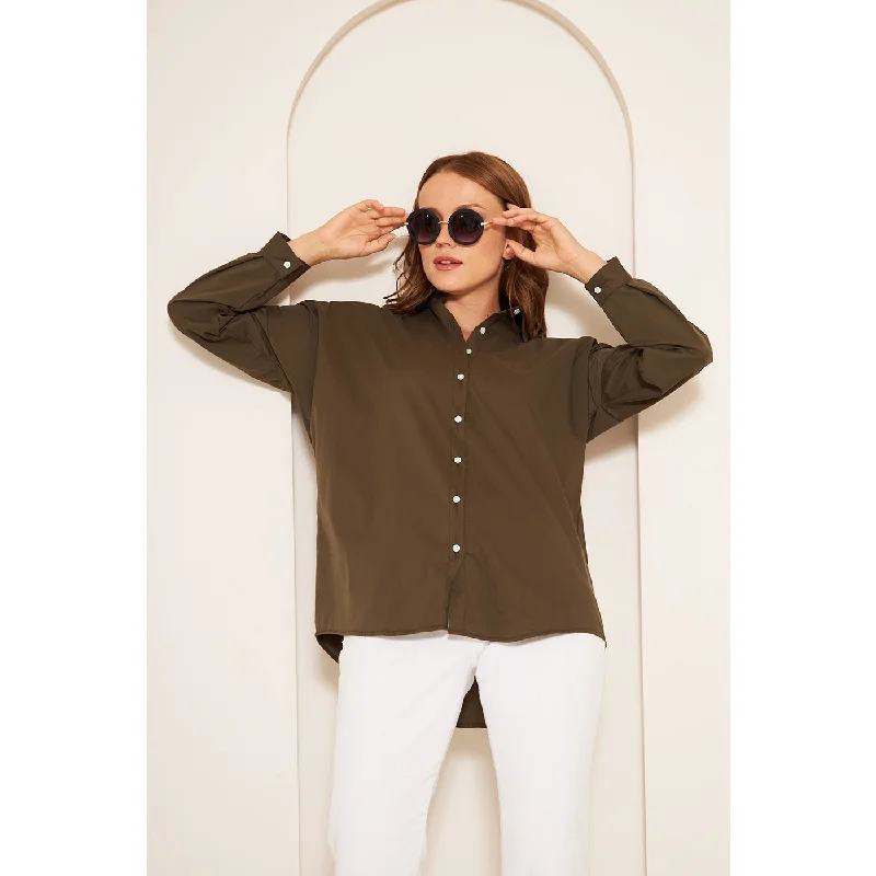 Olive Green Oversized Shirt Fashionable Draped Short Sleeve