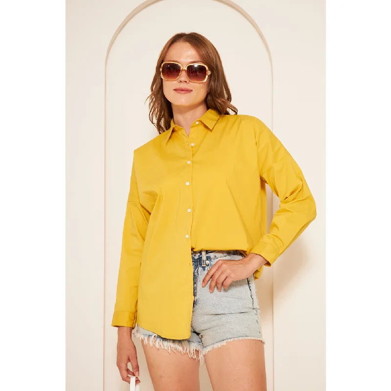 Mustard Oversized Shirt Fashionable Button-Front Short Sleeve