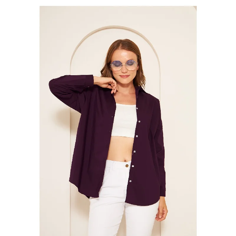 Dark Purple Oversized Shirt Relaxed Fit Short Blouse