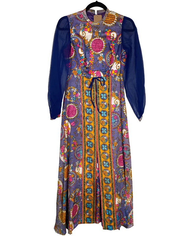 Online Exclusive 1960s Psychedelic Maxi Dress w Sheer Sleeves Comfortable Maxi Dress with Belt