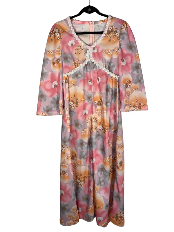 1970s Pastel Print Hippie Maxi Dress (L) Fashionable Printed Maxi Dress