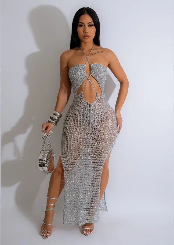 Absolutely Crochet Metallic Maxi Dress Silver Trendy Button Front Maxi Dress