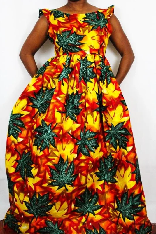 African Print Maxi Dress - Mango Leaves Chic Button-Up Maxi Dress