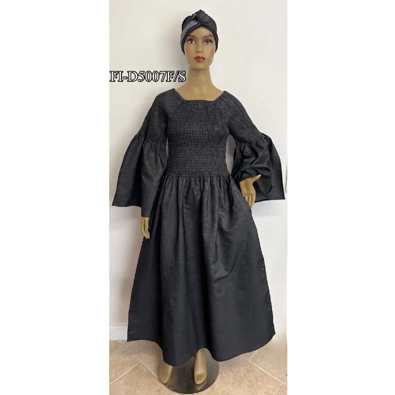 African Women's Denim Smocking Maxi Dress -- FI-D5007FS Cozy Open-Back Maxi Dress