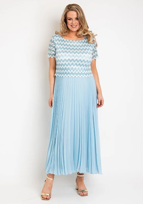 Allison Zig Zag Lace Overlay Pleated Maxi Dress, Sky Blue Stylish Long Sleeve Maxi Dress