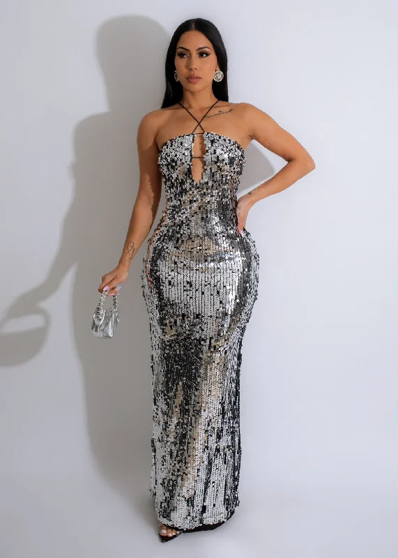 Being Eternal Sequin Maxi Dress Silver Fashionable Off-Shoulder Maxi Dress