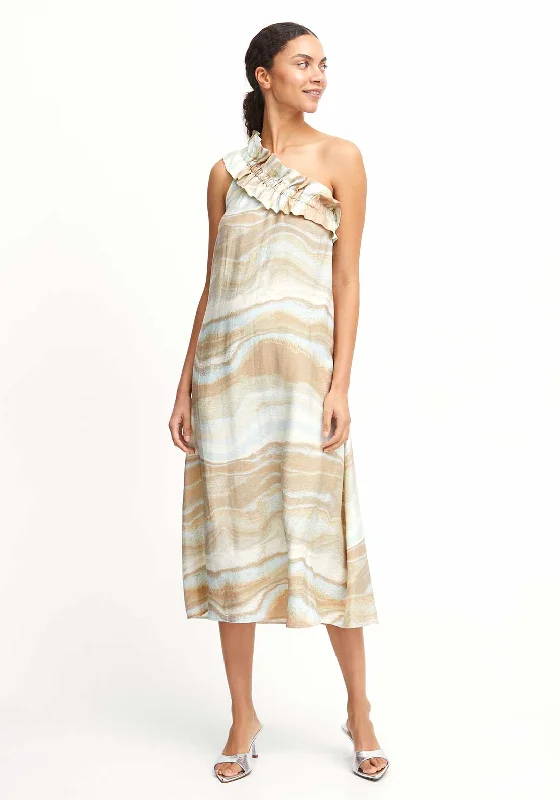 B.Young Hamma Marble Print One Shoulder Maxi Dress, Cement Marble Trendy Floral Print Maxi Dress