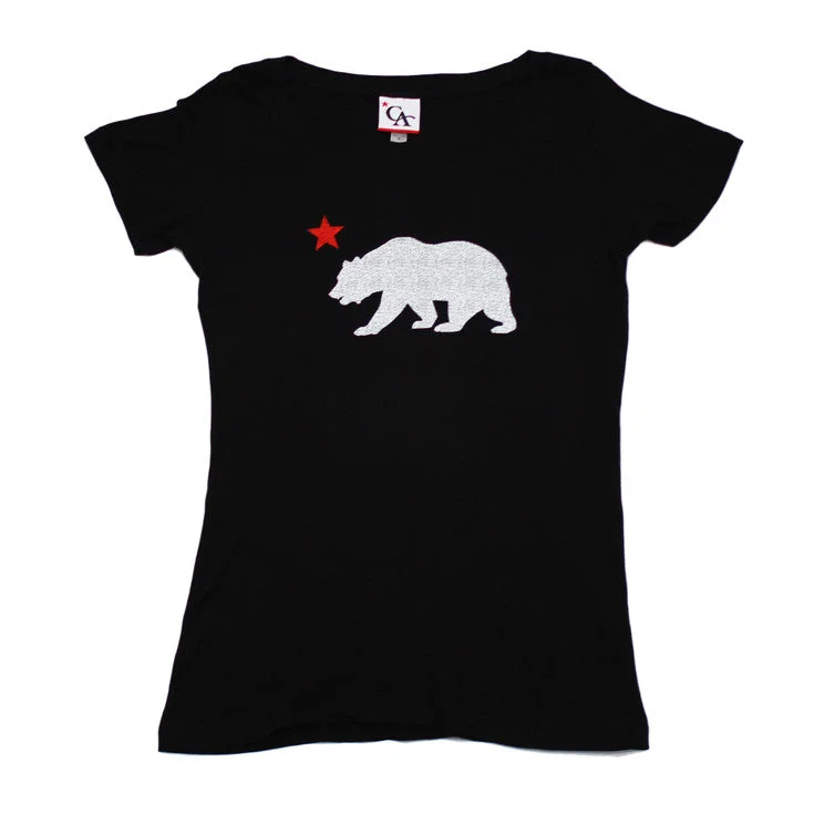 Womens Cali Bear Star T-Shirt Black Beaded Sequined Faux Fur