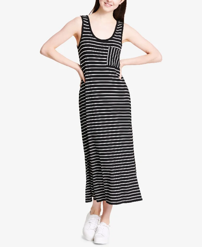 Calvin Klein Striped Patch Pocket Maxi Dress Fashionable Off-Shoulder Maxi Dress