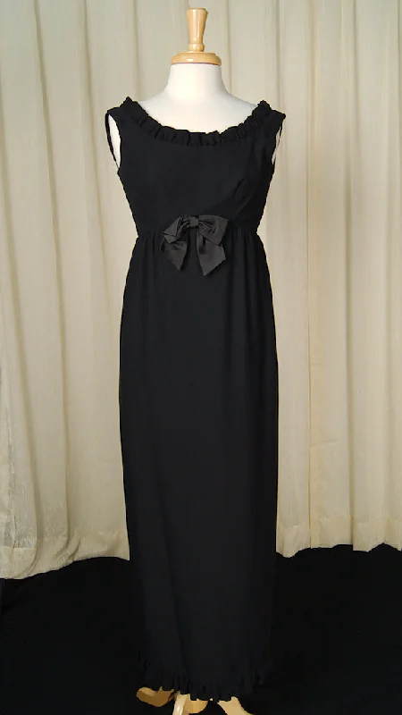 1960s Vintage Black Ruffle Maxi Dress Stylish Off-Shoulder Maxi Dress