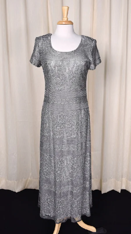 1970s Style Silver Maxi Dress Stylish V-Neck Maxi Dress