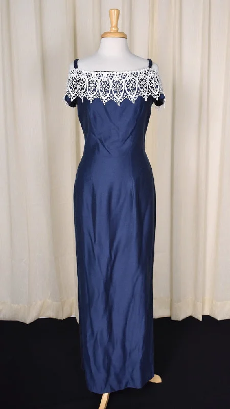 1990s Navy & Lace Vintage  Maxi Dress Comfortable Ruffle Maxi Dress