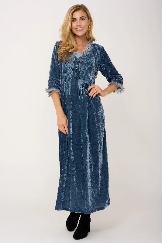 Silk Velvet Annabel Maxi Dress in Blue Grey Elegant Maxi Dress with Pockets