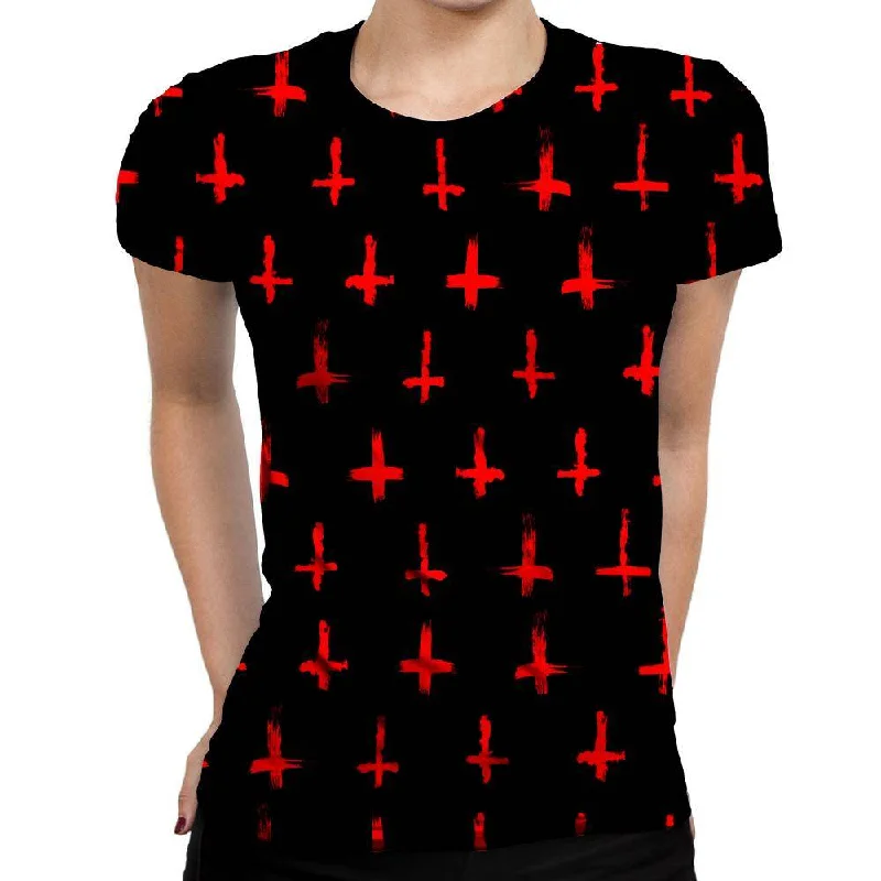 Devilish Red Cross Womens T-Shirt Notch Collar Peter Pan Collar Cowl Neck