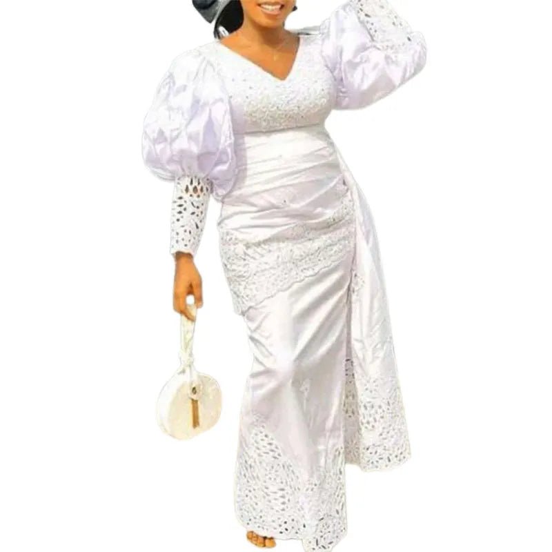 Elegant White Dashiki Maxi Dress: African-Inspired Abaya for Women's Muslim Fashion Comfortable Maxi Dress with Sleeves