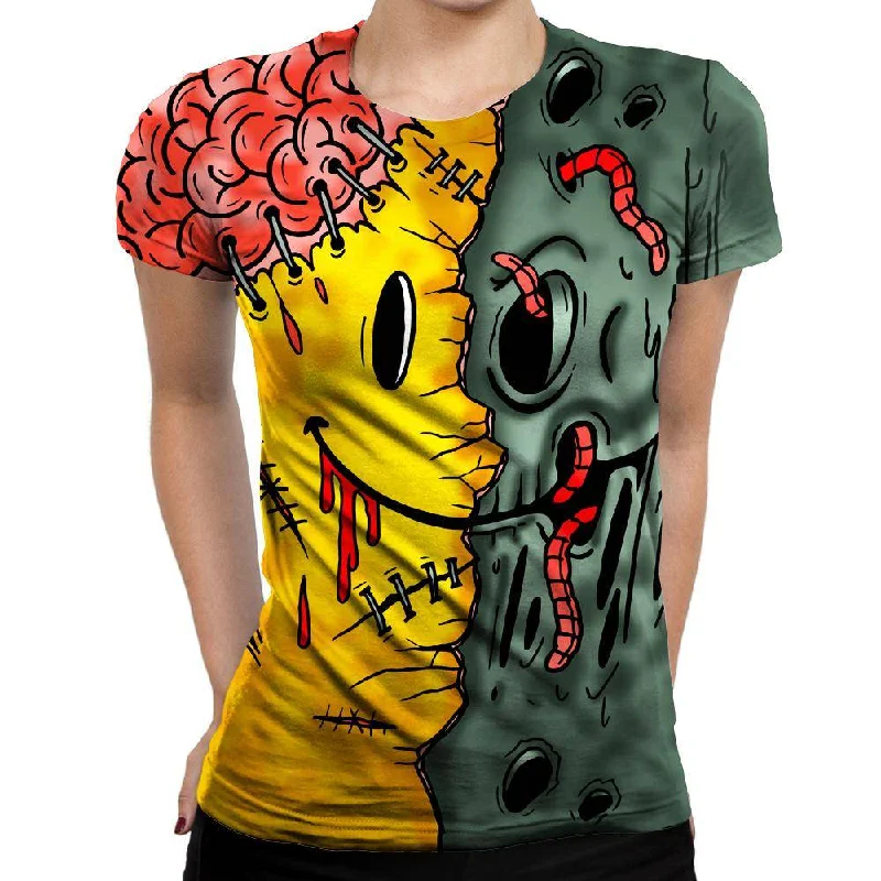 Emoji Zombie Womens T-Shirt Zippered Buttoned Snapped