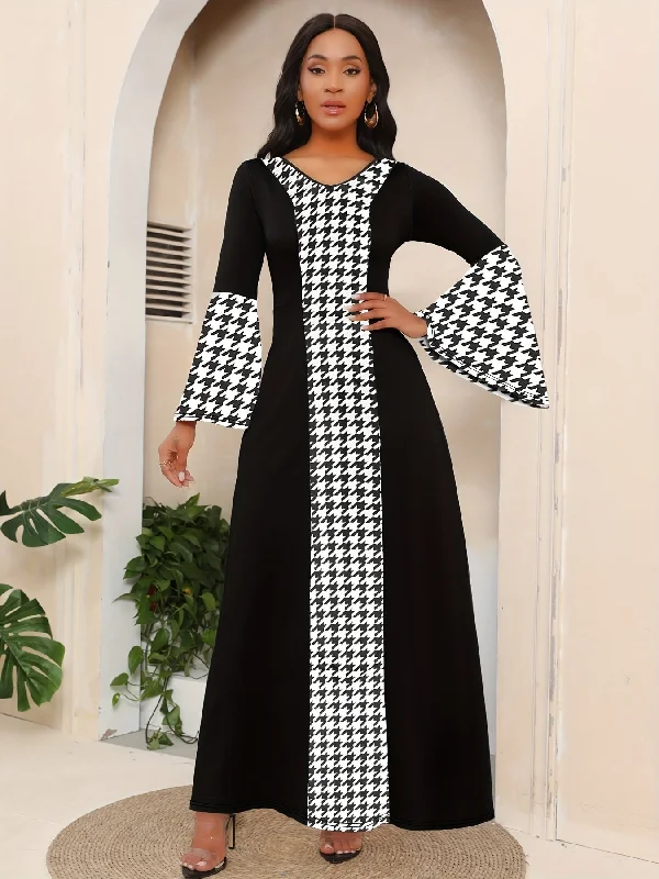 Ethnic Print Splicing Dress, Elegant Flared Sleeve V-Neck Maxi Dress Fashionable Layered Maxi Dress