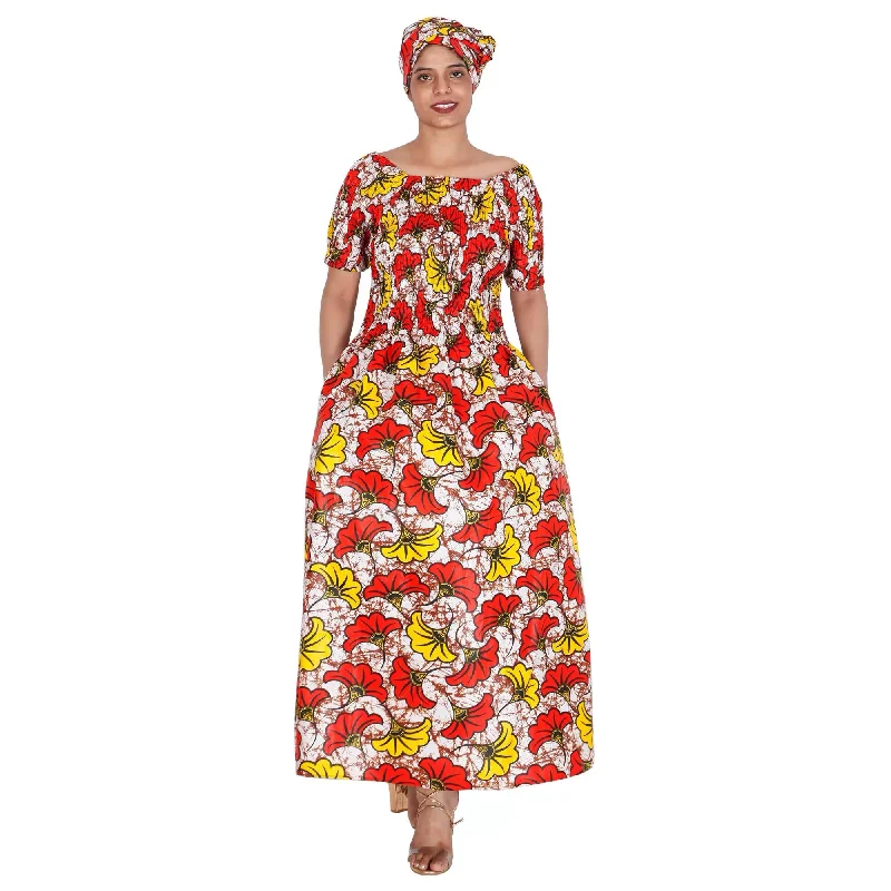 Women's Printed Smocking Short Sleeve Maxi Dress - FI-50071 Elegant Pleated Maxi Dress