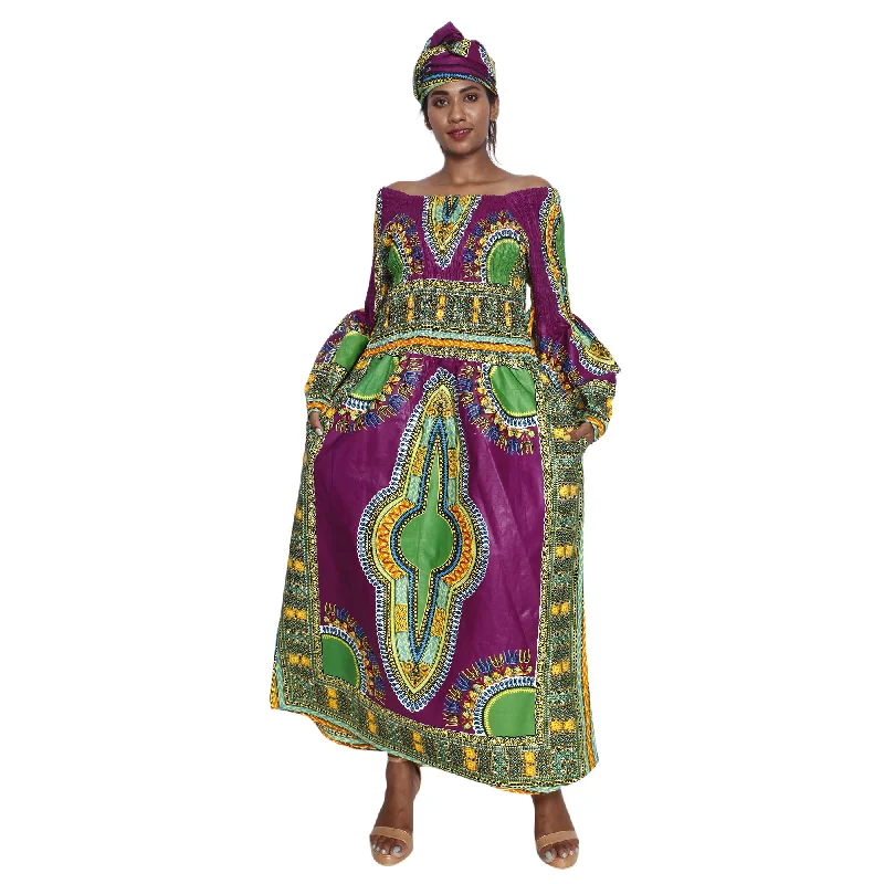 African Women's Dashiki Long Sleeve Maxi Dress with Smocking -- FI-5007FS Cozy Longline Maxi Dress