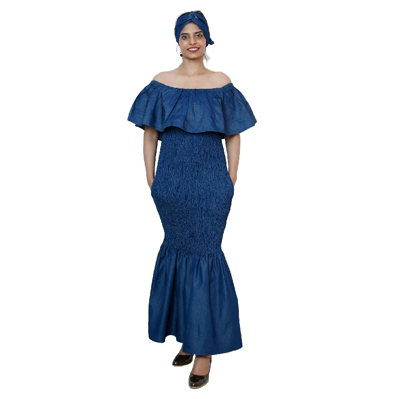 Women's Denim Mermaid Style Off Shoulder Maxi Dress -- FI-50077D Trendy Maxi Dress with Lace