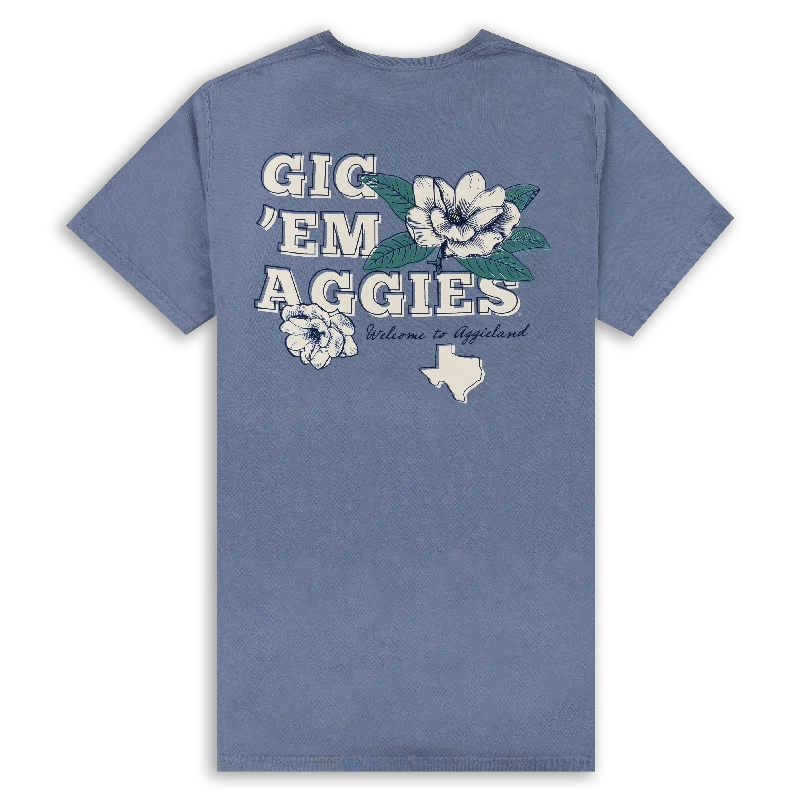 Texas A&M Gig 'Em Aggies Floral Blue T-Shirt Zippered Buttoned Snapped