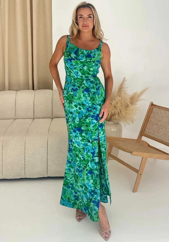 Girl In Mind Harper Cowl Neck Slip Maxi Dress, Green Trendy Ruffled Maxi Dress