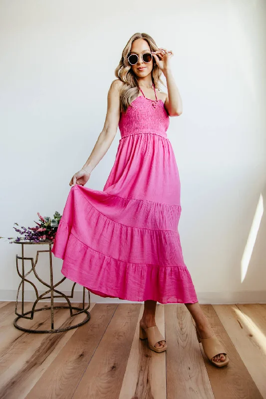 Halter Neck Tiered Maxi Dress for Women in Pink | ND30242-FUCHSIA Trendy Short Sleeve Maxi Dress