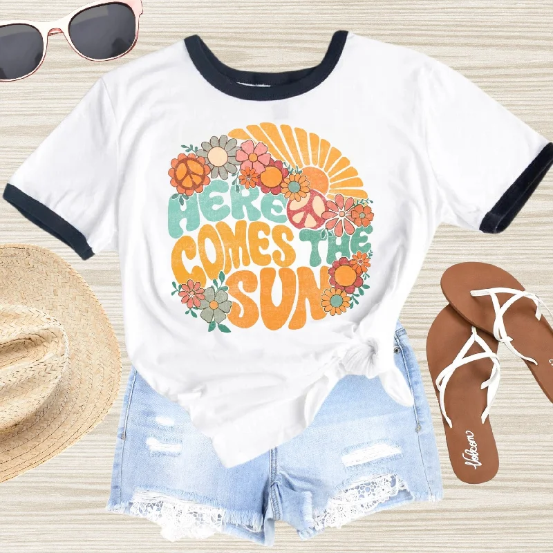 Here Comes the Sun Boho Beach Ringer Tee - Beach Aesthetic Shirt - Summer Vacation Shirt - Ringer Tee - Beach Sunshine t-shirt Casual Formal Business