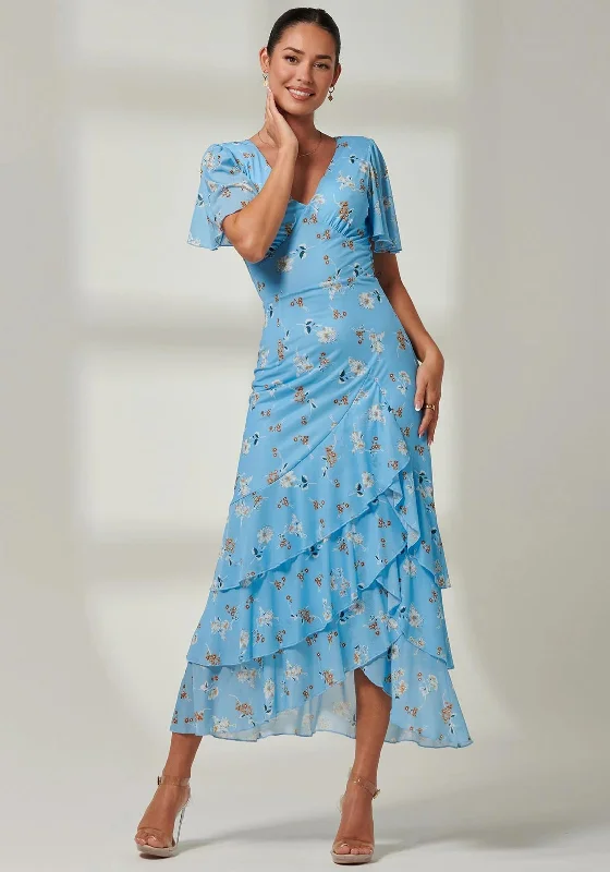 Jolie Moi Daleysa Frill Hem Mesh Maxi Dress, Blue Floral Comfortable Maxi Dress with Slits