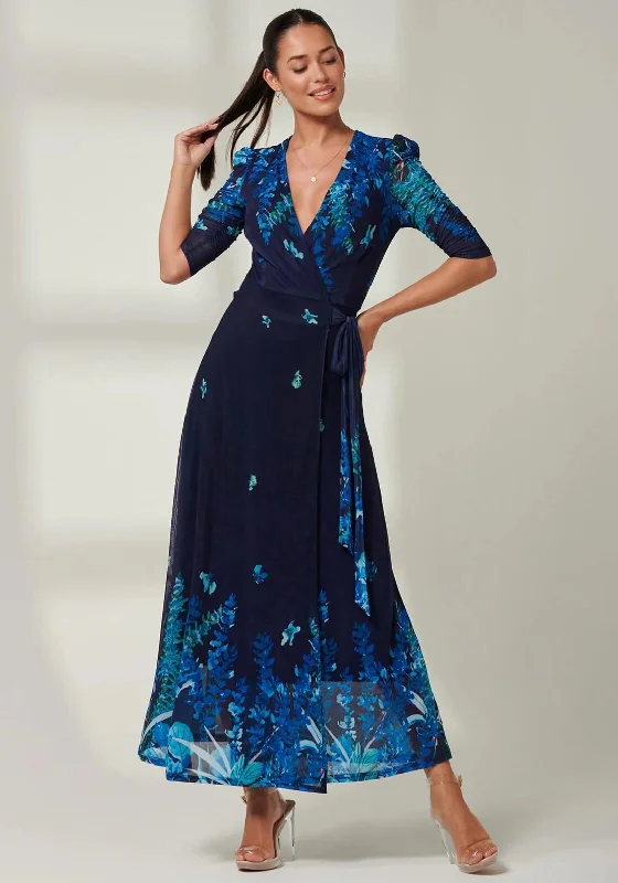 Jolie Moi Kinley Print Wrap Mesh Maxi Dress, Navy Leaf Trendy Printed Maxi Dress