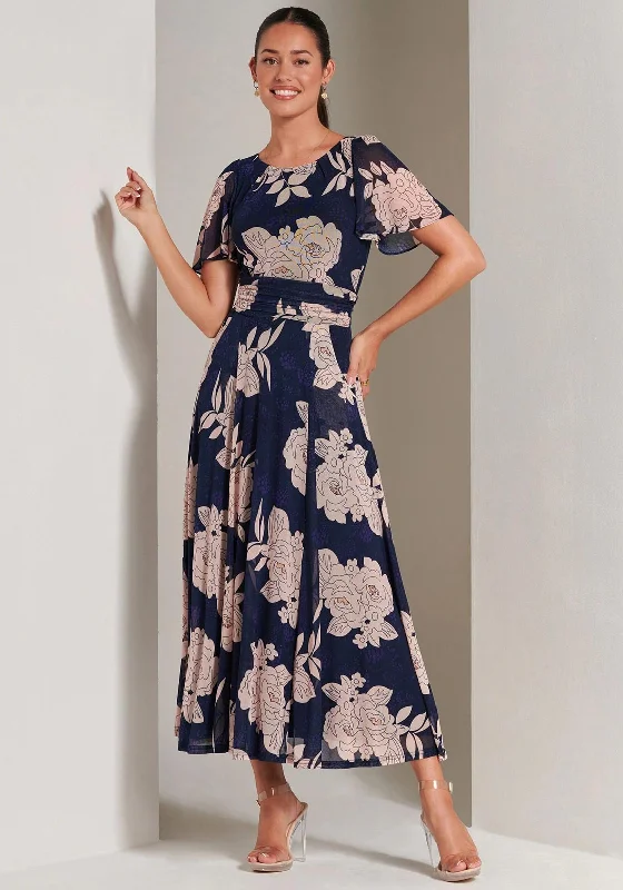 Jolie Moi Paityn Angel Sleeve Mesh Maxi Dress, Navy Multi Comfortable Fit-and-Flare Maxi Dress